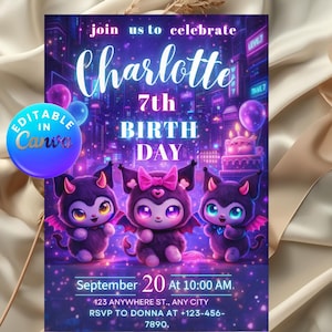 May include: A digital invitation for a 7th birthday celebration. The design features the name "Charlotte" in a script font, with the words "7th BIRTH DAY" below. Three cartoon bat-like creatures are centered. The invitation includes date, time, and RSVP information.