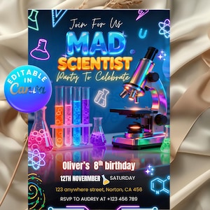 Może przedstawiać: Zaproszenie na imprezę Szalonego Naukowca na neonowo-niebieskim tle. Zaproszenie zawiera mikroskop, probówki z kolorowymi płynami oraz tekst "Join For Us MAD SCIENTIST Party To Celebrate". Zawiera szczegóły imprezy i opcję edycji Canva.