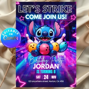 Editable Stitch Bowling Birthday Invitation, Neon Glow Bowl Party Template, Printable Kids Strike Event Card, Custom Canva Invite Digital