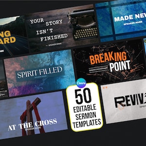 May include: A collection of 50 editable sermon templates featuring various graphic designs, including a typewriter, a lighthouse, a cross with red fabric, and abstract textures, with text overlays such as Moving Forward, Made New, and Revival.