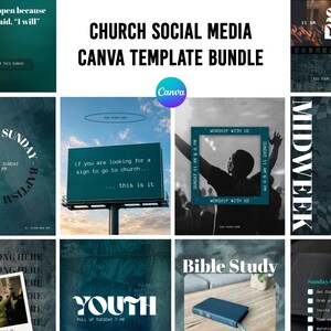 May include: A digital collection of social media templates for churches, featuring various layouts with dark teal and black color schemes. The designs include text such as "Baptism Sunday," "Midweek," "Youth," and "Bible Study" with a Canva logo.