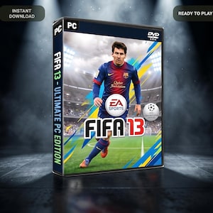 Pode incluir: Uma caixa de jogo DVD-ROM FIFA 13 Ultimate PC Edition com um jogador de futebol em uma camisa azul e vermelha na capa. A arte inclui o logotipo da EA Sports, o título FIFA 13 e o emblema da Liga dos Campeões em um fundo de estádio.
