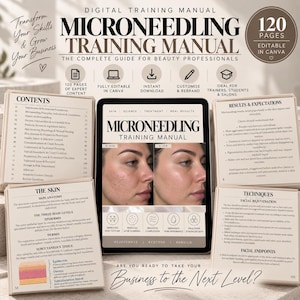 Op de afbeelding: Een digitaal microneedling trainingshandboek voor schoonheidsprofessionals, met 120 pagina's aan bewerkbare inhoud. Het scherm toont een tablet met voor- en na-resultaten van de huid, naast geprinte pagina's over huidanatomie en technieken.
