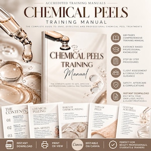 May include: A training manual titled Chemical Peels with a dropper graphic. The cover features text about safe and professional treatments. Below are five sample pages showing contents, chemical peeling basics, skin artists, types of peels, and glycolic acid peels.