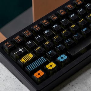 May include: Close-up of a black mechanical keyboard with custom keycaps. The keycaps feature a variety of colors, including orange, yellow, blue, and white, with unique symbols and characters. The keyboard is angled, showing the keys in detail.