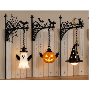 Halloween Bookshelf Lantern Bookend Set | Ghost, Pumpkin, Witch Hat, Haunted House & Black Cat | Bookshelf Lamp | Halloween Book Decor