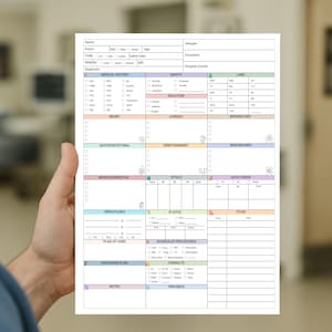 Könnte beinhalten: Ein weißes medizinisches Formular mit Abschnitten für Patienteninformationen, Krankengeschichte, Sicherheit und Vitalwerte. Das Formular enthält Kontrollkästchen und Notizfelder, gehalten von einer Person.