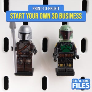 Könnte beinhalten: Zwei Lego-ähnliche Figuren von Charakteren aus einem Science-Fiction-Franchise. Eine Figur ist braun und silber, hält einen Speer. Die andere ist grün, schwarz und gelb und hält einen Blaster. Der Text "PRINT-TO-PROFIT START YOUR OWN 3D BUSINESS" steht darüber.