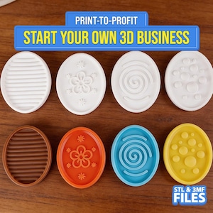 May include: Eight oval-shaped 3D printed molds in white, brown, orange, blue, and yellow. The molds feature various designs, including lines, flowers, spirals, and dots. Text at the top says "PRINT-TO-PROFIT START YOUR OWN 3D BUSINESS".