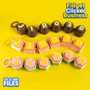 May include: Three fidget clicker keychains with the text JIRO 3D. The top is brown with round buttons, the middle is orange and pink with square buttons, and the bottom is pastel with hexagonal buttons. Each features a small metal or plastic ring.