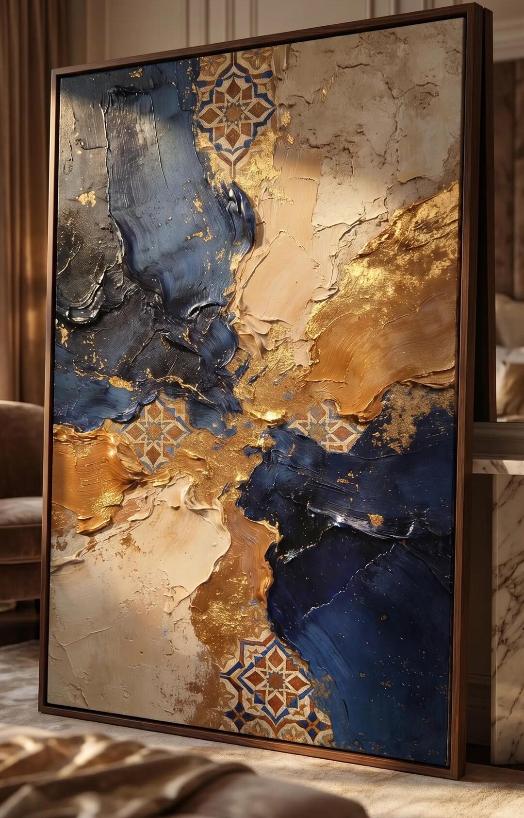 Luxury Navy Blue Gold Abstract Wall Art, Dark Textured Impasto Painting ...