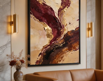 Burgundy Gold Abstract Wall Art Printable 24x36 – Luxury Large Neutral Modern Canvas Art Download, Elegant Statement Wall Decor