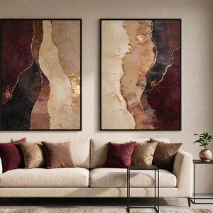 Large Neutral Wall Art Set of 2, Burgundy Beige Abstract Printable Wall Art, Luxury Modern Diptych, Textured Living Room Decor image 13