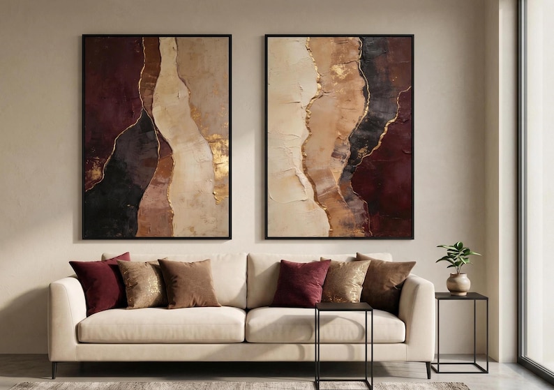 Large Neutral Wall Art Set of 2, Burgundy Beige Abstract Printable Wall Art, Luxury Modern Diptych, Textured Living Room Decor image 13