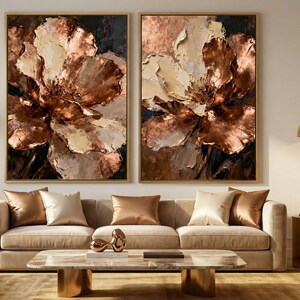 Luxury Copper Floral Wall Art Set of 2,Neutral Beige Abstract Flower Prints, Modern Elegant Wall Decor, Large Printable Art,Instant Download