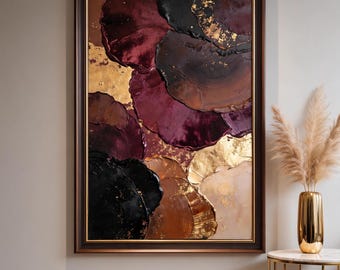 May include: A rectangular framed wall art piece featuring an abstract composition of layered circular shapes in deep burgundy, black, and metallic gold. The textured paint application creates a sense of depth with contrasting dark tones and bright gold accents.