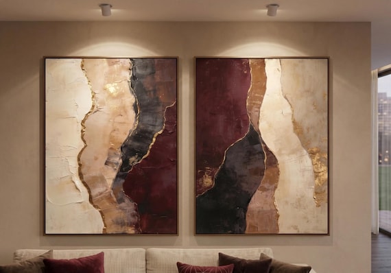 Large Neutral Wall Art Set of 2, Burgundy Beige Abstract Printable Wall Art, Luxury Modern Diptych, Textured Living Room Decor
