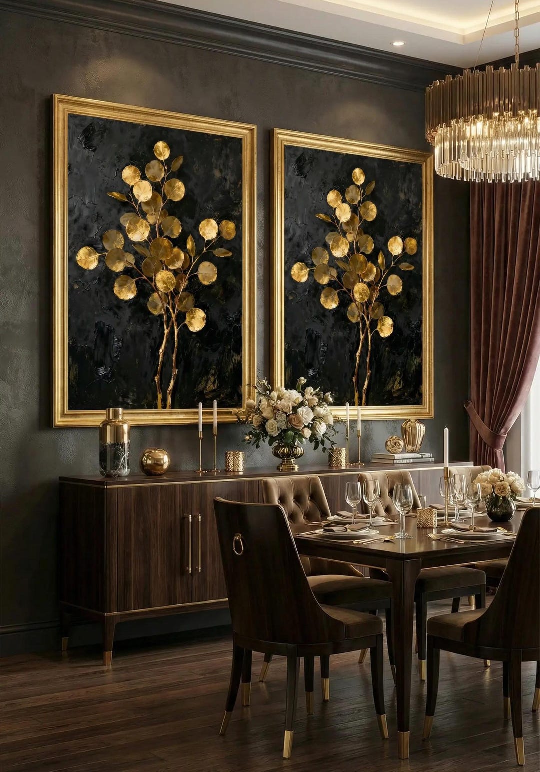 Luxury Gold Botanical Wall Art Print, Black and Gold Abstract Leaves ...