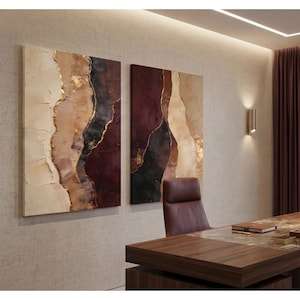 Large Neutral Wall Art Set of 2, Burgundy Beige Abstract Printable Wall Art, Luxury Modern Diptych, Textured Living Room Decor image 6