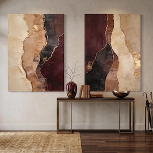 Large Neutral Wall Art Set of 2, Burgundy Beige Abstract Printable Wall Art, Luxury Modern Diptych, Textured Living Room Decor image 7