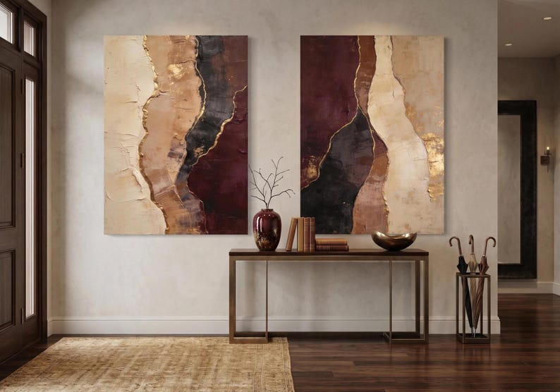 Large Neutral Wall Art Set of 2, Burgundy Beige Abstract Printable Wall Art, Luxury Modern Diptych, Textured Living Room Decor image 7