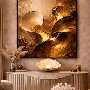 Golden Ember Flow – 24x36 Luxury Abstract Gold Brown Wall Art Print | Modern Impasto Metallic Statement Artwork