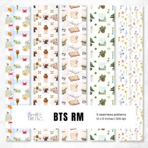 Könnte beinhalten: Fünf nahtlose digitale Muster mit Illustrationen von Krabben, Blumen, Fahrrädern, Töpferwaren, Büchern, Notizbüchern, Topfpflanzen und Wildblumen. Der Text BTS RM 5 seamless patterns 12 x 12 inches 300 dpi steht unten mittig.