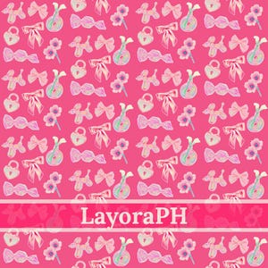 May include: A repeating pattern on a bright pink background featuring iridescent illustrations of balloon dogs, bows, heart-shaped padlocks, wrapped candies, and flowers. A horizontal white banner across the bottom contains the text LayoraPH.