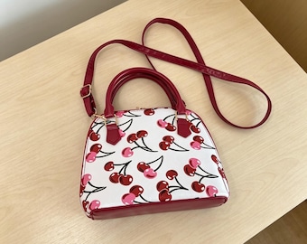 Dome Handbag, Cherry Print Crossbody Purse, PU Leather Daily Bag
