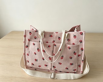 Bolso tote de pana con estampado de fresas, bolso de hombro de gran capacidad, bolso de viaje informal.