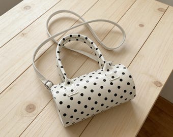 Vintage Polka Dot Patent Leather Cylinder Bag, Versatile Commute Crossbody Handbag