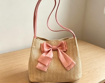 Sac fourre-tout en paille de raphia avec nœud en satin, sac à bandoulière de plage d'été