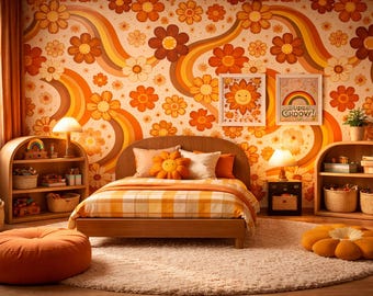 Retro Orange Floral Wallpaper: 70s Groovy Peel and Stick Mural