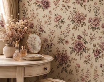 Papier peint floral beige mauve : décoration murale botanique romantique