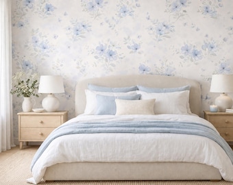 Soft Blue Floral Wallpaper: Pastel Botanical Peel and Stick Wall Mural