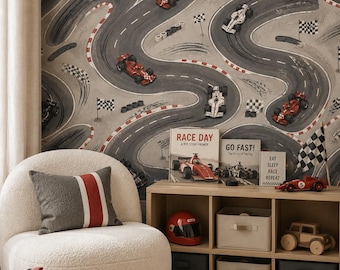 Kids Race Car Wallpaper: Racing Track Wall Mural for Boys Room