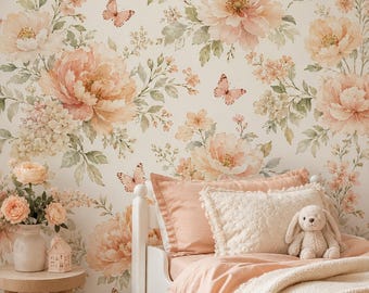 Peach Cream Floral Wallpaper: Soft Nursery Wall Mural