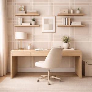 May include: A light wood desk with a matching chair, lamp, and floating shelves. The desk has two drawers and a book on top. The chair is upholstered in a light beige fabric. The room has a neutral colour scheme.