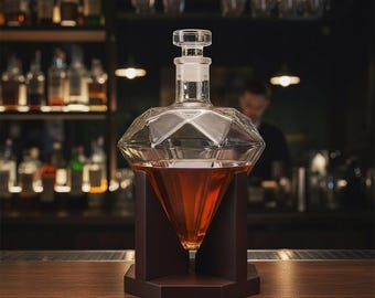 Decanter per whisky Diamond da 750 ml, liquore, bourbon, vino, decorazione per bar, regalo, espositore in legno, decanter in vetro di cristallo di alta qualità, complemento d'arredo
