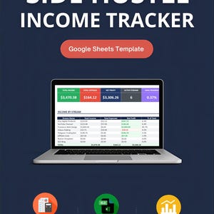 Może przedstawiać: Laptop wyświetla szablon Google Sheets "Side Hustle Income Tracker". Ekran pokazuje strumienie dochodów, dochód całkowity, wydatki i zysk netto. Ikony podkreślają funkcje: automatyczne formuły, 6 kart i śledzenie dochodów.