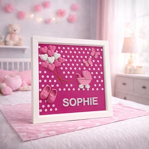 Könnte beinhalten: Ein gerahmtes Kunstwerk mit rosa Tupfenhintergrund und dem Namen "SOPHIE". Das Bild zeigt einen Kinderwagen, Schmetterlinge, herzförmige Luftballons und Babyschuhe. Der Rahmen ist weiß.