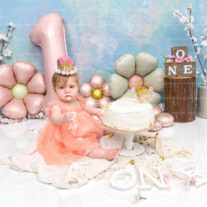 Sfondo Digitale Primo Compleanno Primavera, Smash Cake Digital Backdrop, 1st Birthday Girl Background,  Cherry Blossom Flower Cake Smash JPG
