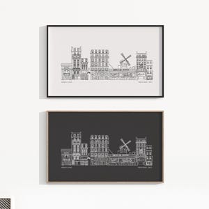 ムーラン・ルージュのプリント：パリの建築イラスト、手描きのペンプロッターアート、白または黒の背景