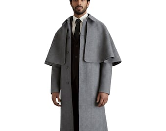 Abrigo de lana Inverness para hombre, capa estilo Sherlock Holmes, manto gótico gris.