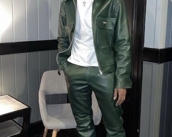 Chándal de piel auténtica verde oscuro para hombre: conjunto de dos piezas de estilo urbano de lujo
