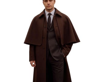 Abrigo tipo capa Inverness para hombre – Estilo Steampunk de Sherlock Holmes, capa de mezcla de lana marrón