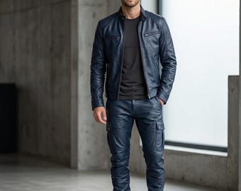 Conjunto de chándal de cuero azul para hombre, pantalón cargo de motorista, traje urbano.