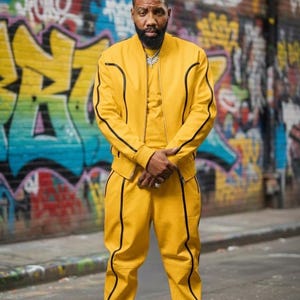 May include: A yellow tracksuit with black trim is worn by a person standing on a city street. The jacket has a zipper and the pants have a drawstring. The background features colorful graffiti art.