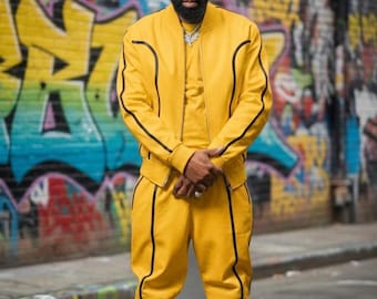 Conjunto de chándal de cuero genuino para hombre: Chaqueta y pantalón de estilo urbano de lujo, traje amarillo.