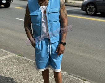 Conjunto de chaleco cargo y pantalones cortos de cuero genuino azul para hombre - Ropa urbana hip-hop